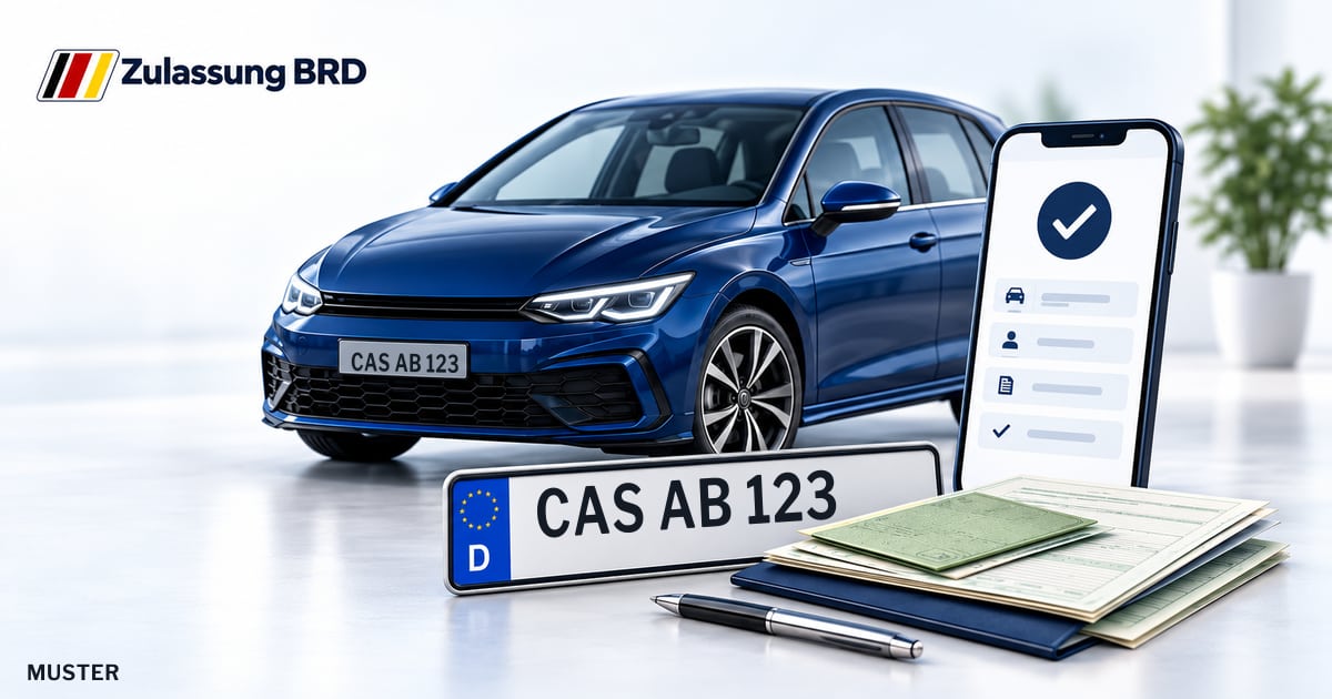 Online Fahrzeugzulassung in Castrop-Rauxel: Musterkennzeichen CAS AB 123, Auto und Fahrzeugpapiere und Smartphone. Illustration mit Logo von Zulassung BRD.